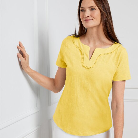 NWT Talbots Yellow Dot Trim Split Neck Short Sleeve Tee Woman's size XLP - Picture 1 of 8